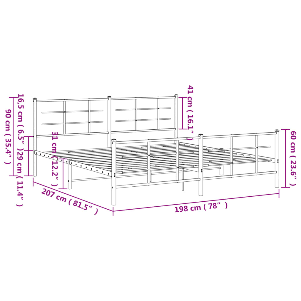 Metal Bed Frame with Headboard and Footboard White 193x203 cm