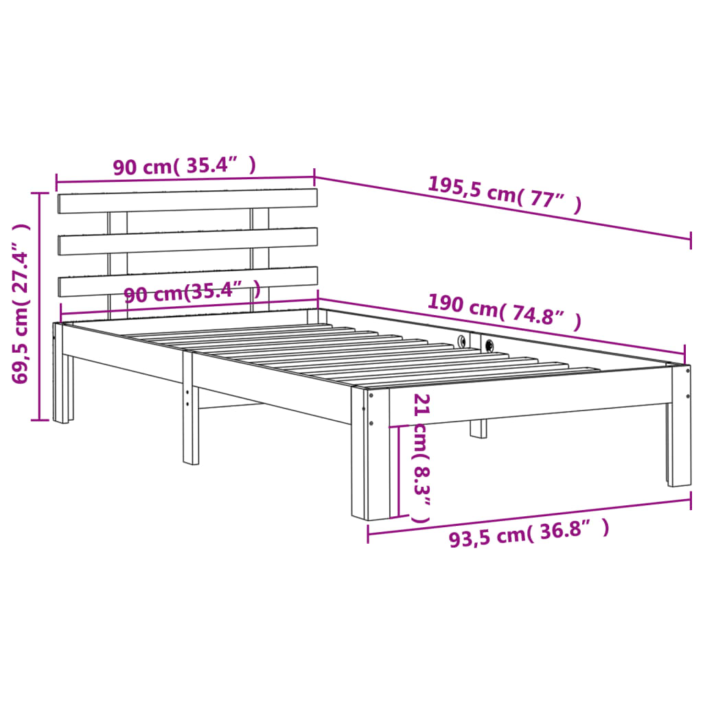 Bed Frame with Headboard Wax Brown 90x190 cm Single Solid Wood Pine