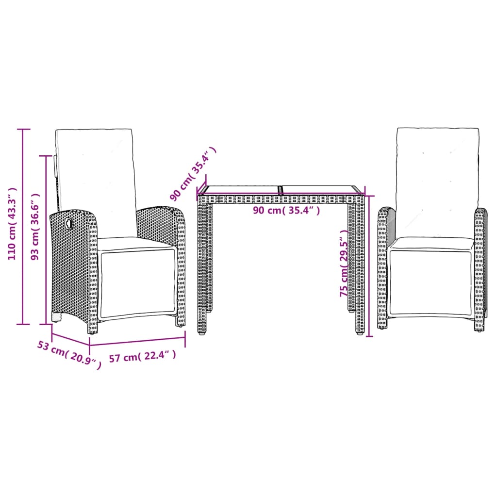 3 Piece Bistro Set with Cushions Black Poly Rattan