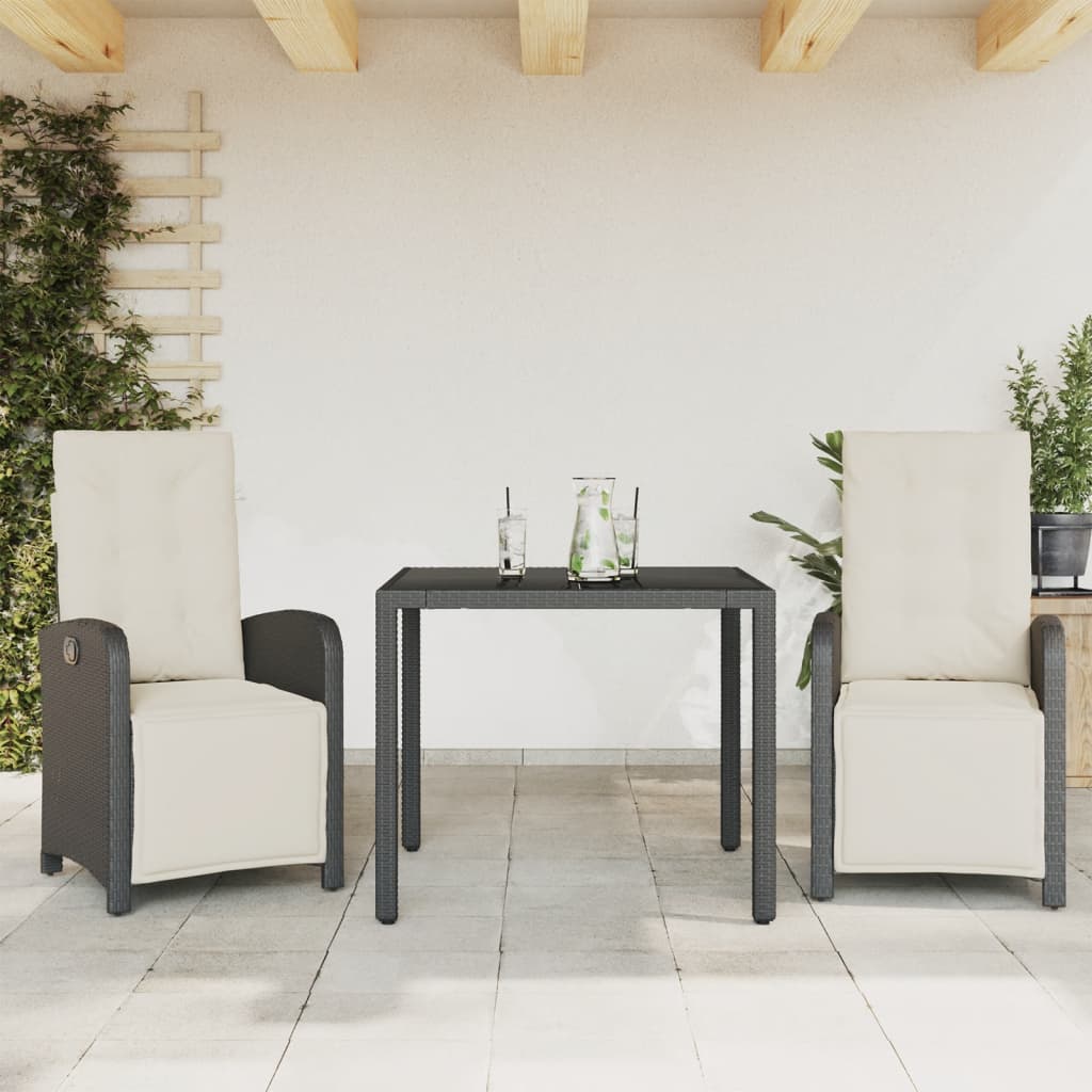 3 Piece Bistro Set with Cushions Black Poly Rattan