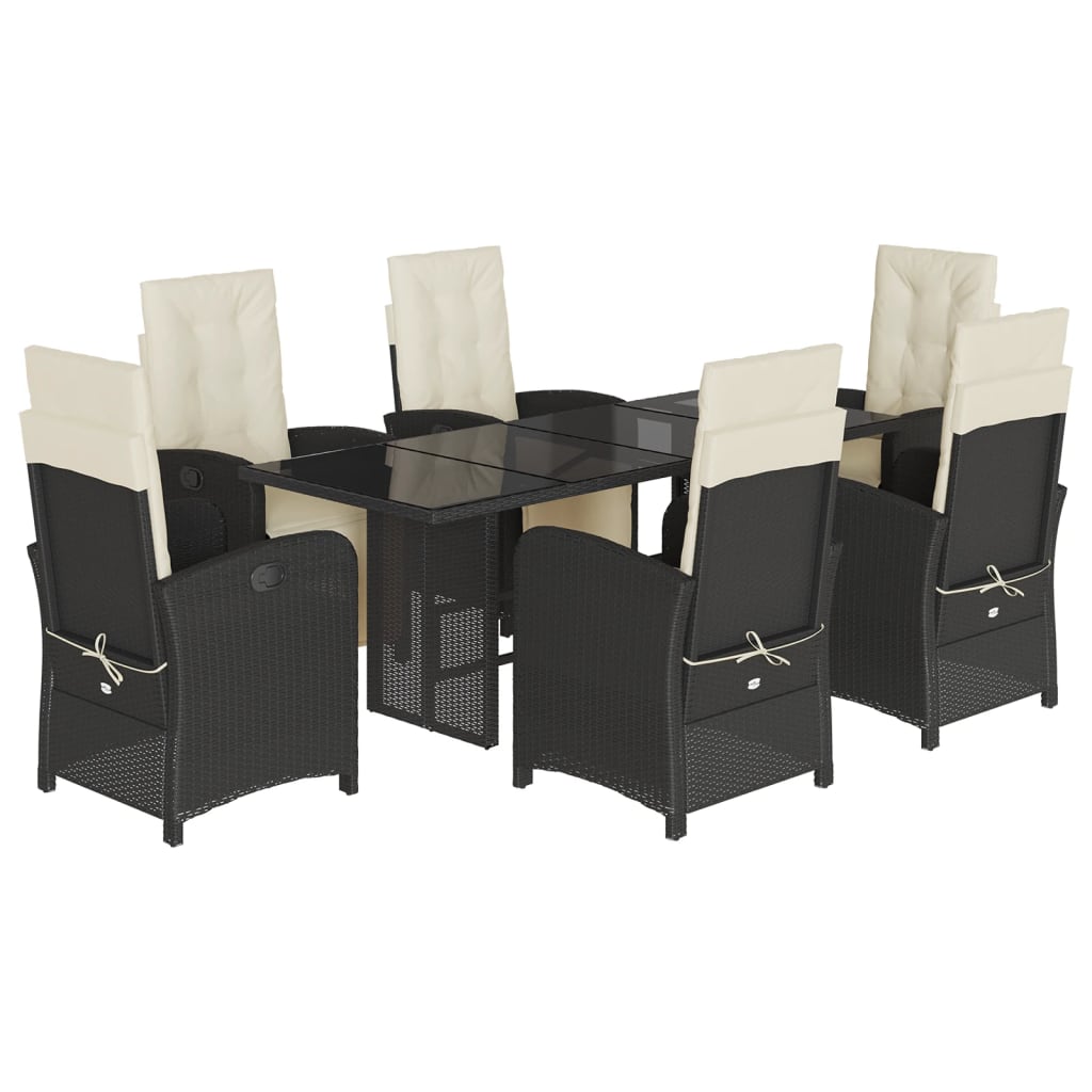 7 Piece Garden Dining Set with Cushions Black Poly Rattan