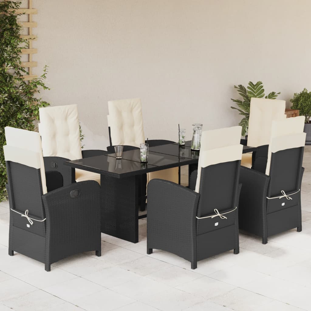 7 Piece Garden Dining Set with Cushions Black Poly Rattan