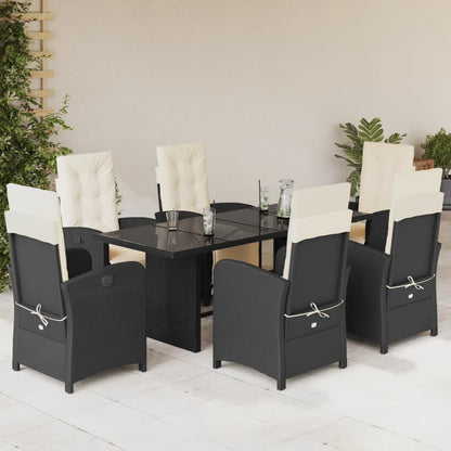 7 Piece Garden Dining Set with Cushions Black Poly Rattan