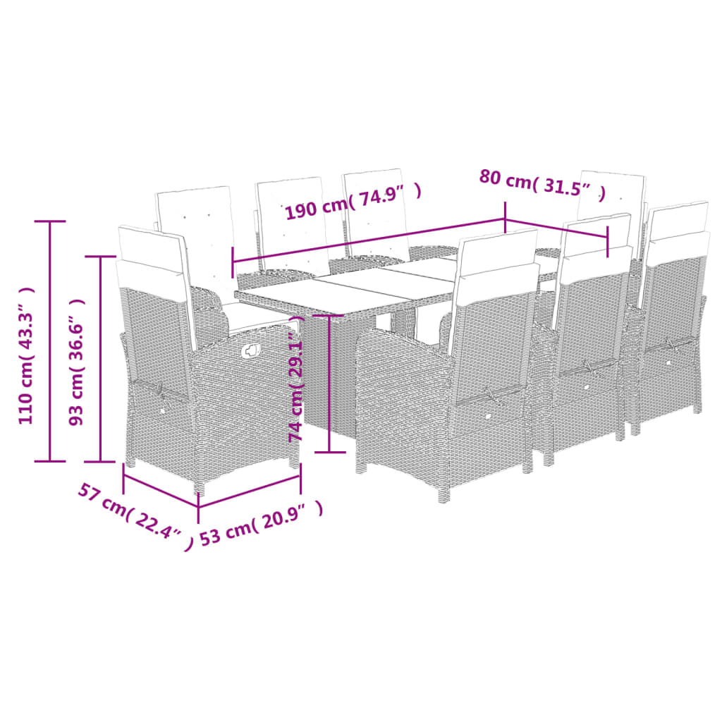 9 Piece Garden Dining Set with Cushions Brown Poly Rattan