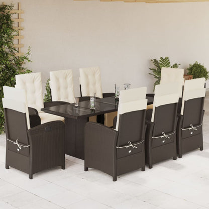 9 Piece Garden Dining Set with Cushions Brown Poly Rattan