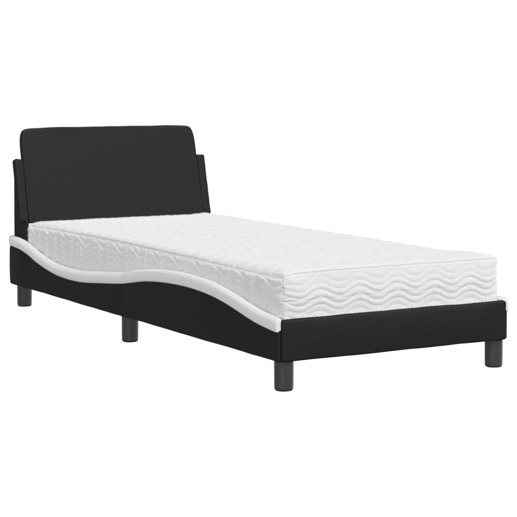 Bed with Mattress Black and White Single Faux Leather