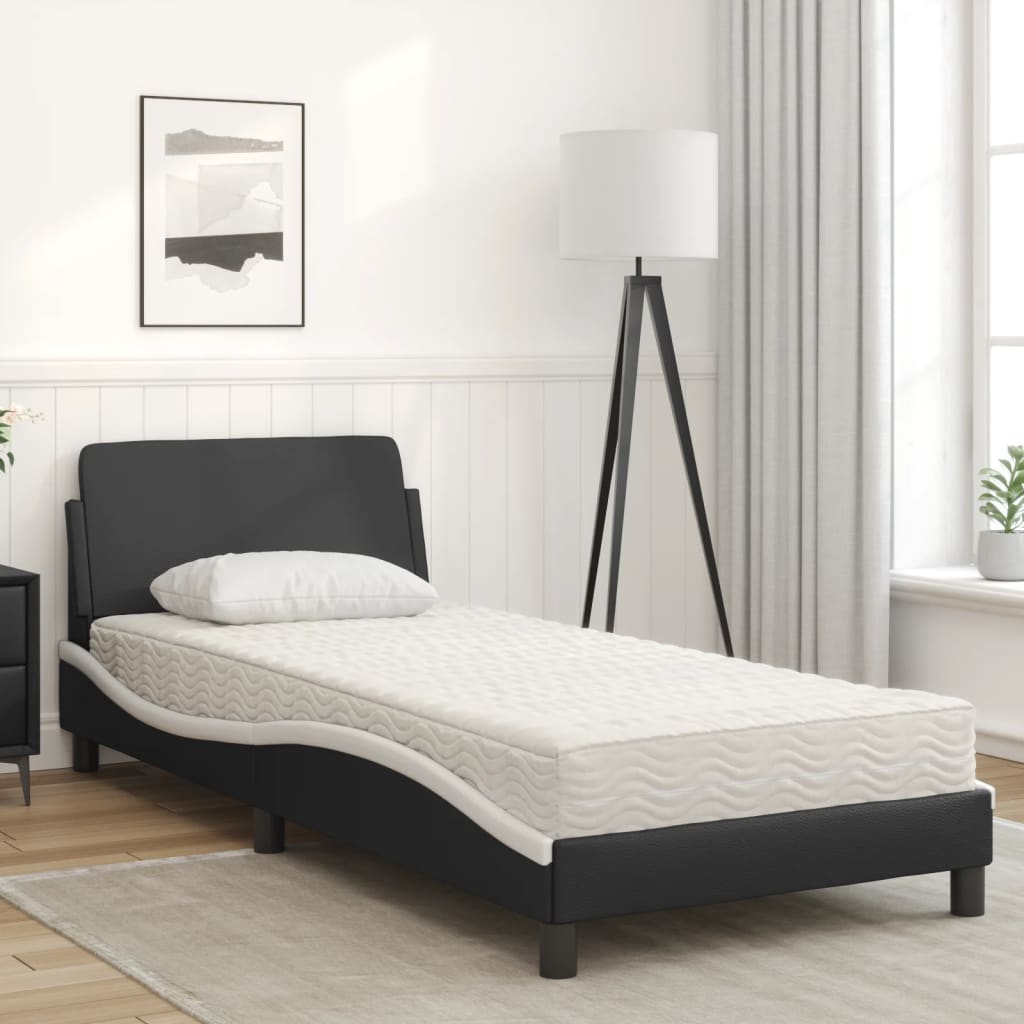 Bed with Mattress Black and White Single Faux Leather