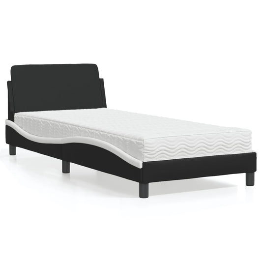 Bed with Mattress Black and White Single Faux Leather