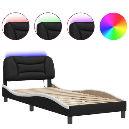 Bed Frame with LED Lights Black and White 90x190 cm Single Faux Leather