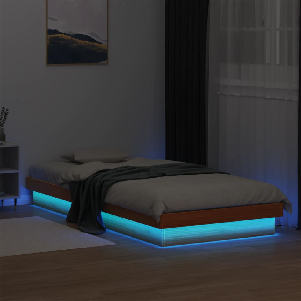 LED Bed Frame Wax Brown 90x200 cm Solid Wood Pine