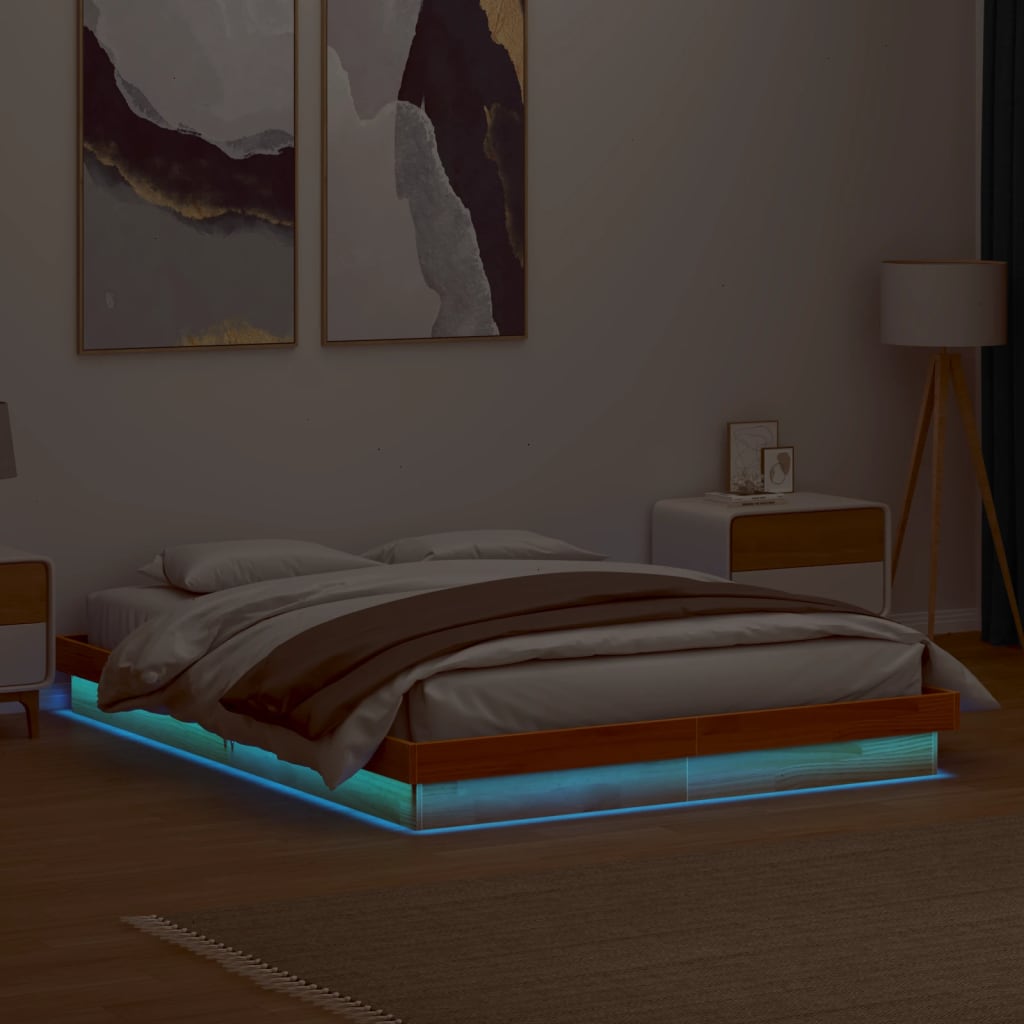 LED Bed Frame Wax Brown 160x200 cm Solid Wood Pine