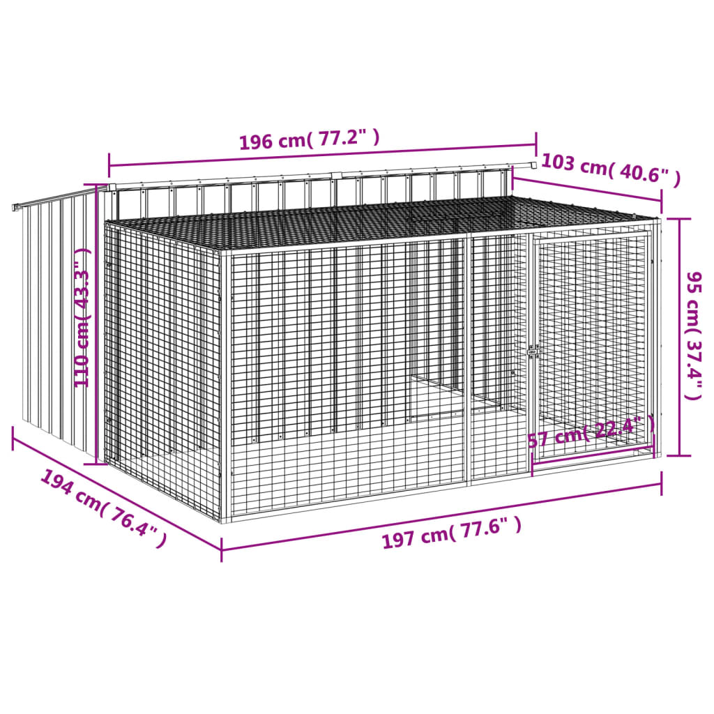 Dog House with Run Anthracite 197x194x110 cm Galvanised Steel