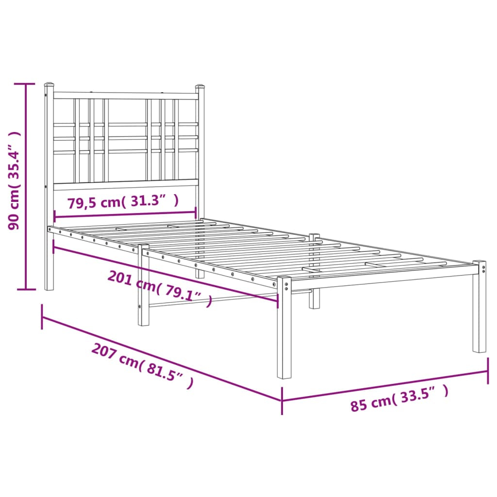 Metal Bed Frame with Headboard Black 80x200 cm