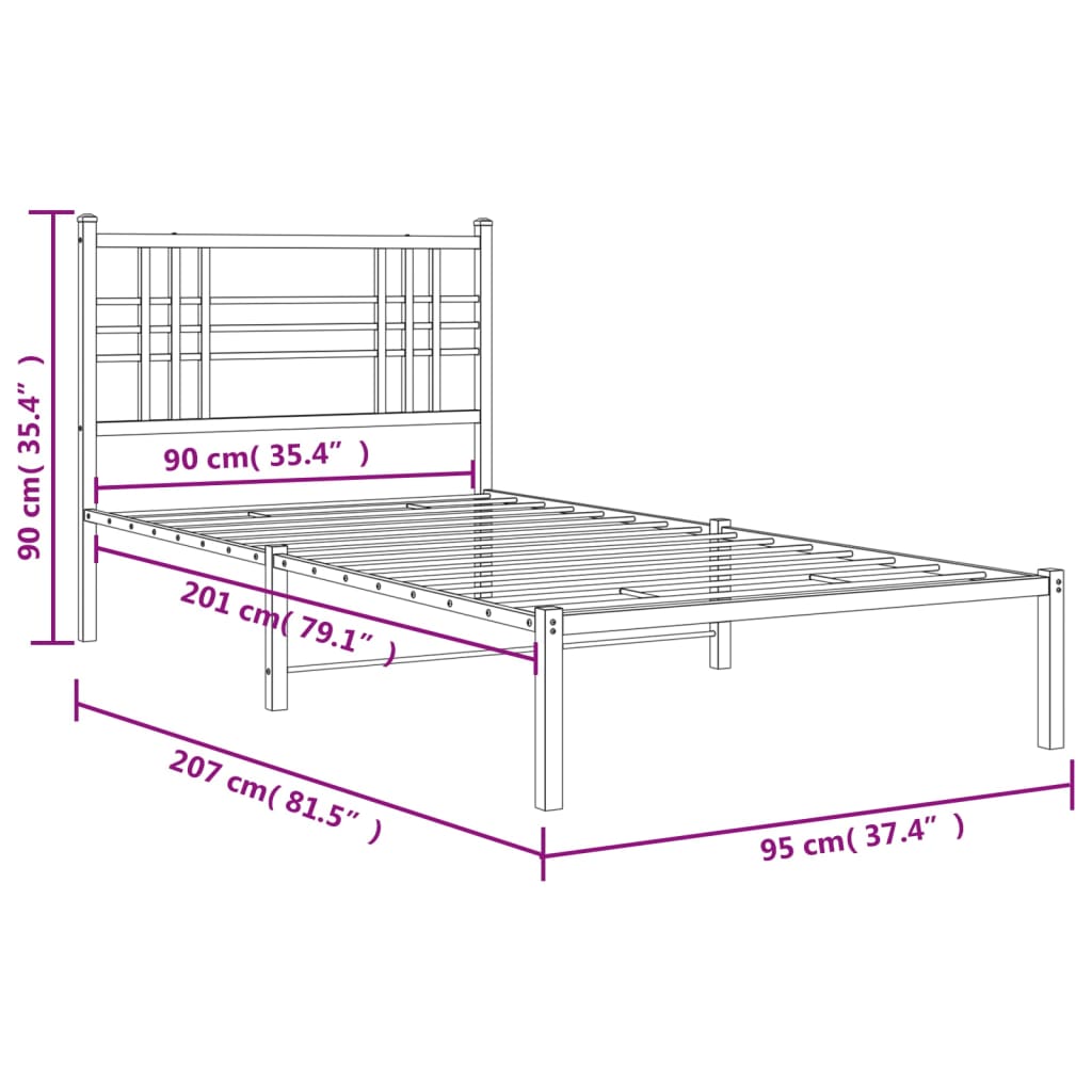 Metal Bed Frame with Headboard Black 90x200 cm