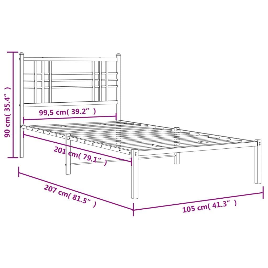 Metal Bed Frame with Headboard Black 100x200 cm