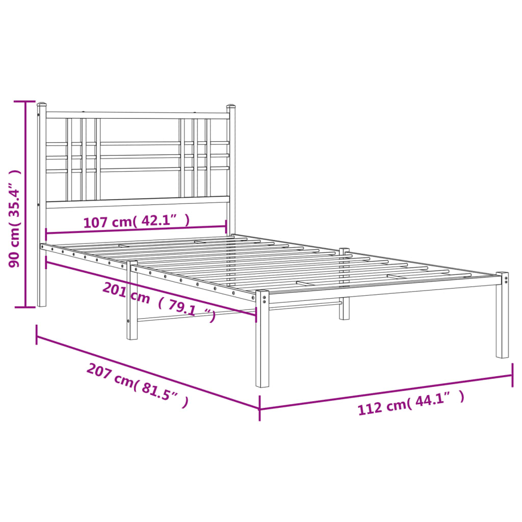 Metal Bed Frame without Mattress with Headboard Black 107x203 cm