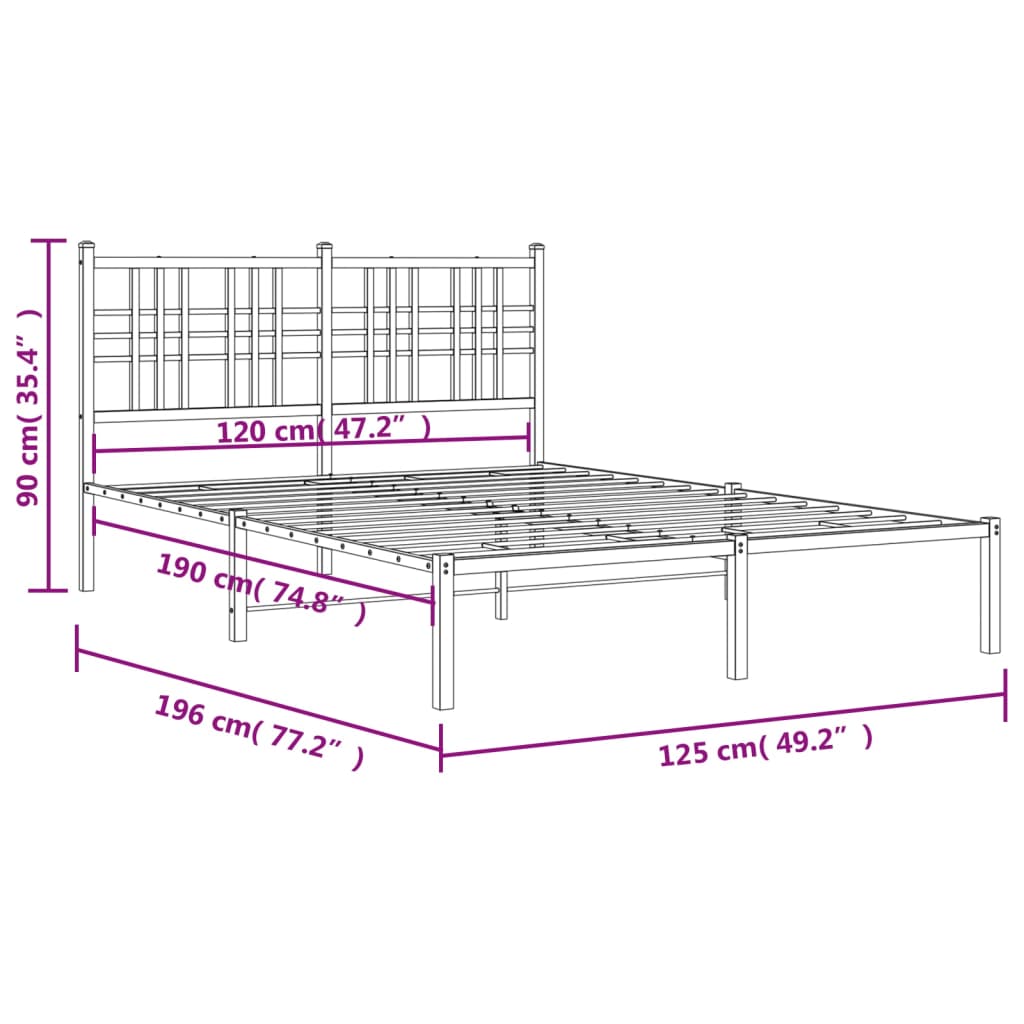 Metal Bed Frame with Headboard Black 120x190 cm Small Double