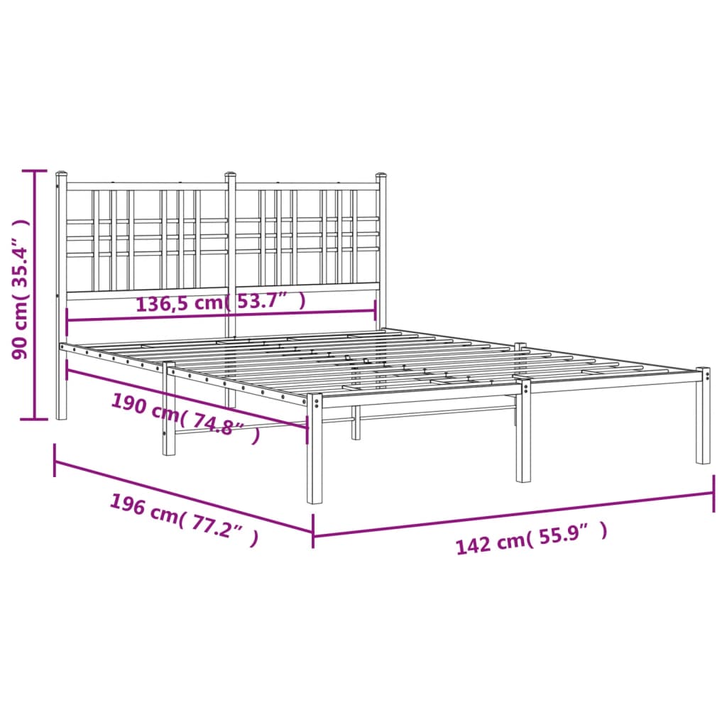 Metal Bed Frame with Headboard Black 135x190 cm Double