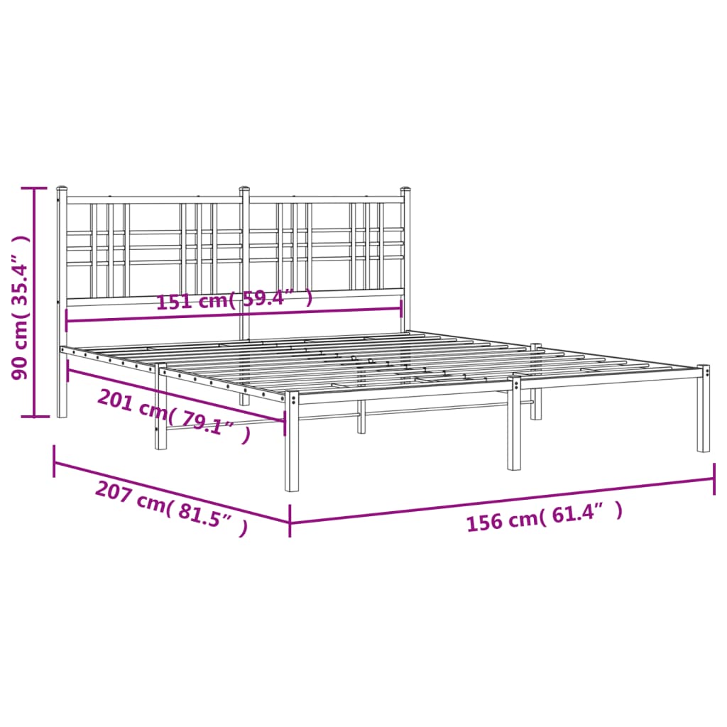 Metal Bed Frame with Headboard Black 150x200 cm King Size