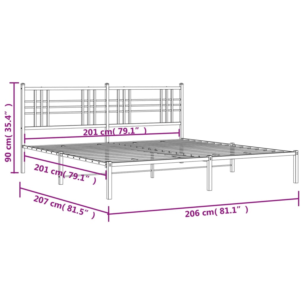 Metal Bed Frame with Headboard Black 200x200 cm