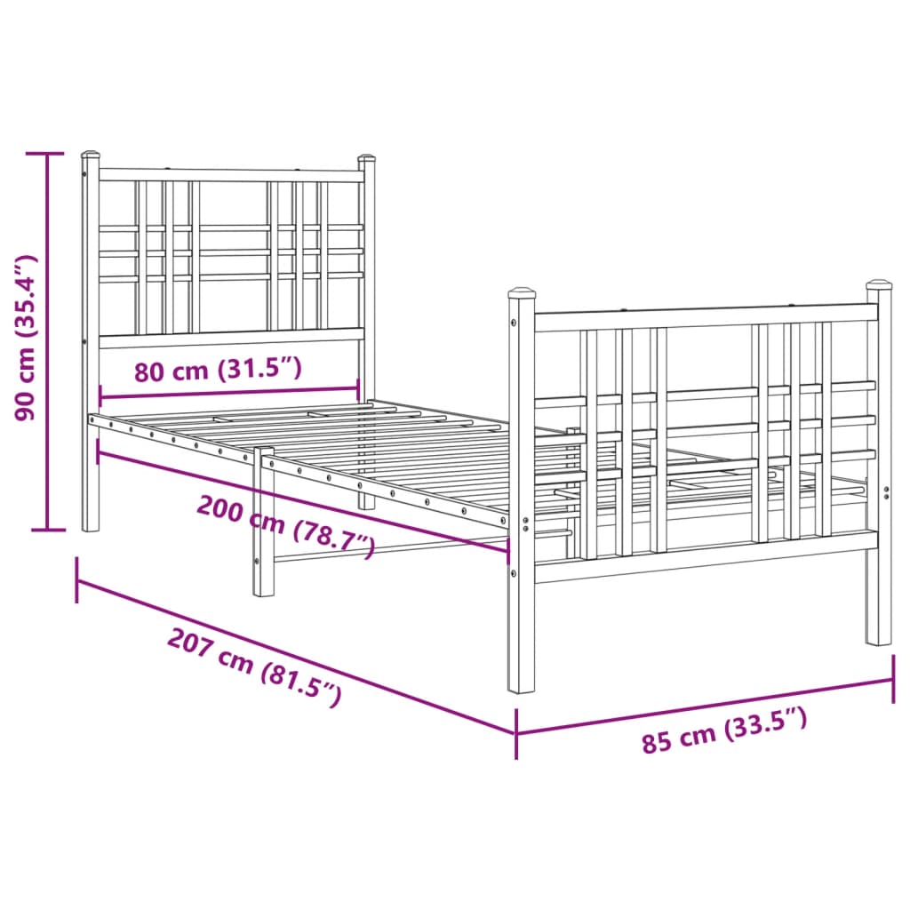 Metal Bed Frame with Headboard and Footboard Black 80x200 cm