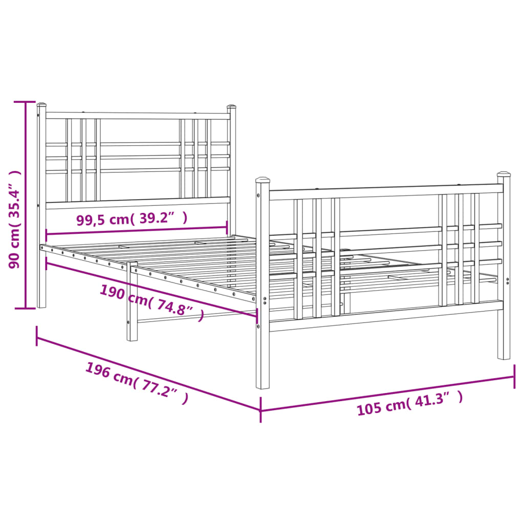 Metal Bed Frame with Headboard and Footboard Black 100x190 cm