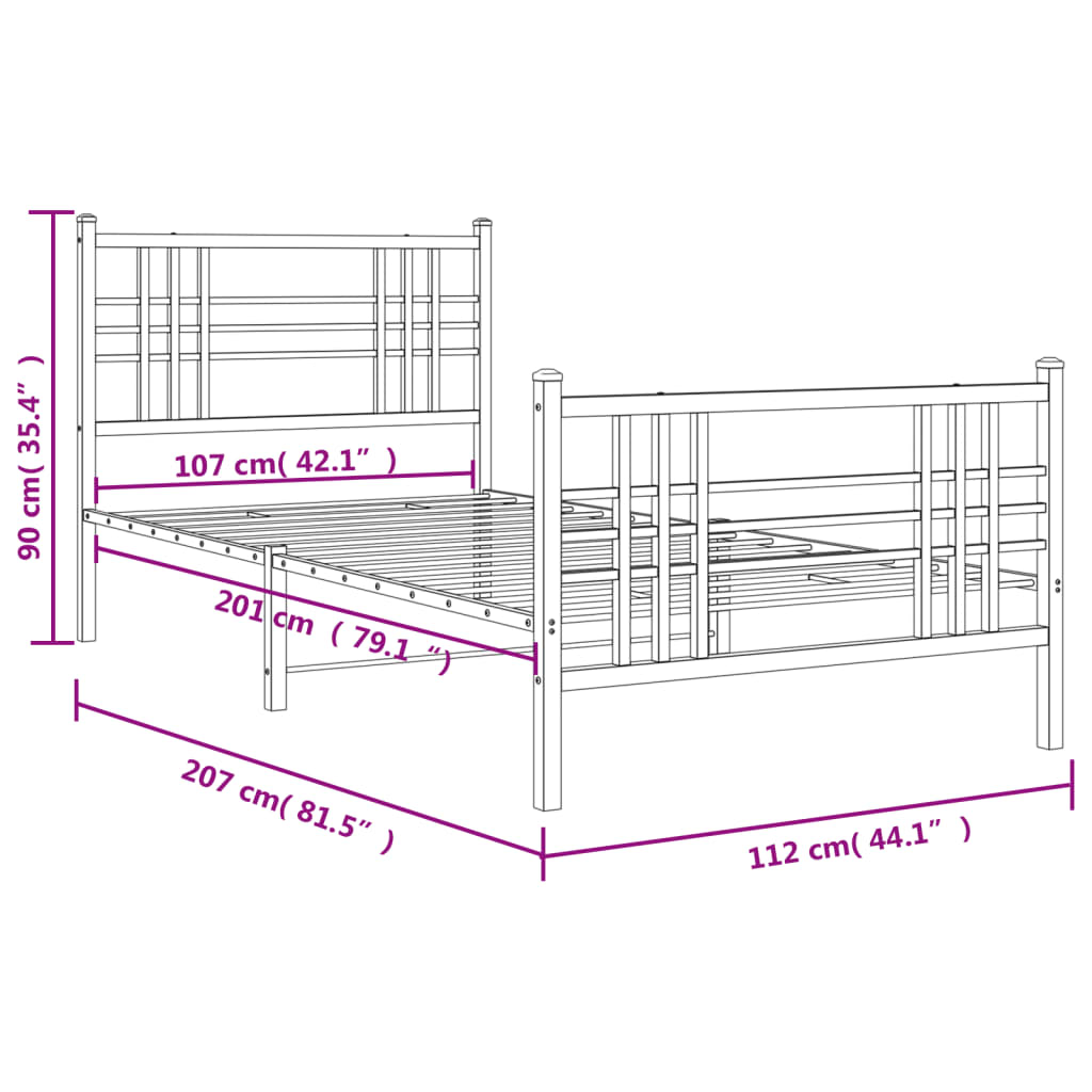 Metal Bed Frame with Headboard and Footboard Black 107x203 cm