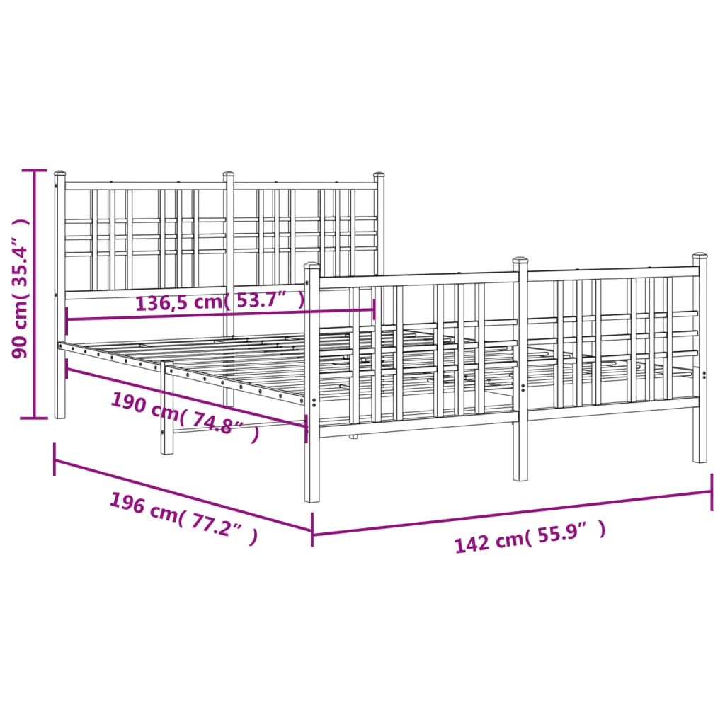 Metal Bed Frame with Headboard and Footboard Black 137x190 cm