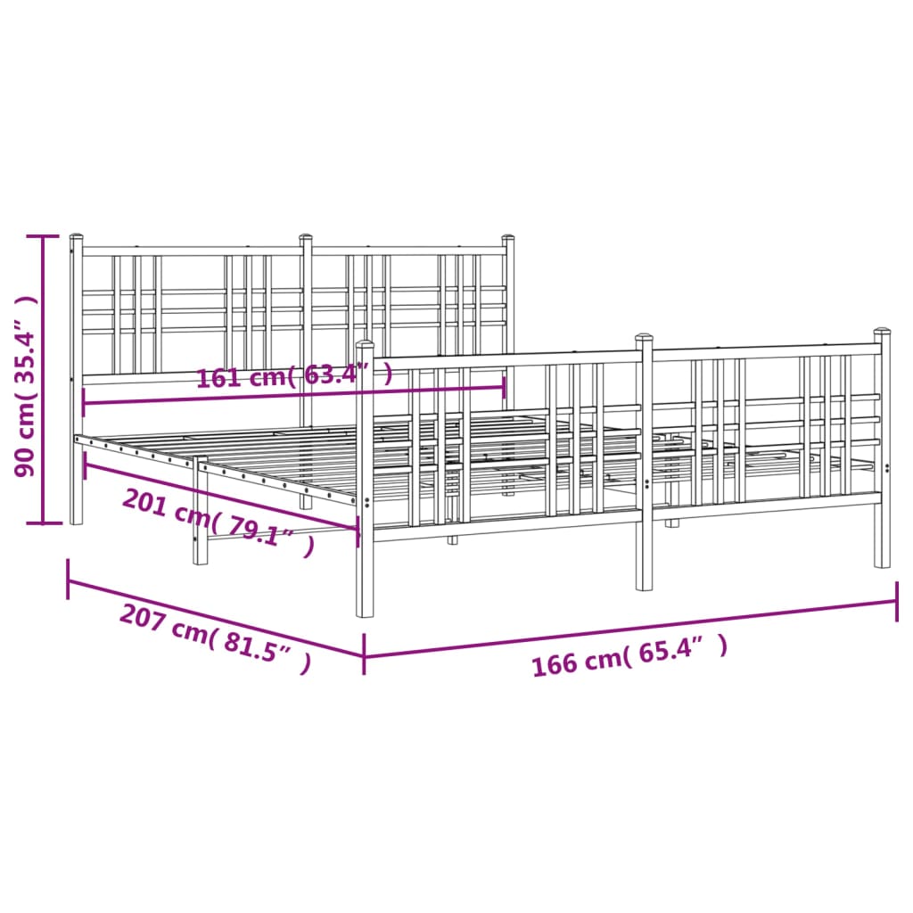 Metal Bed Frame with Headboard and Footboard Black 160x200 cm