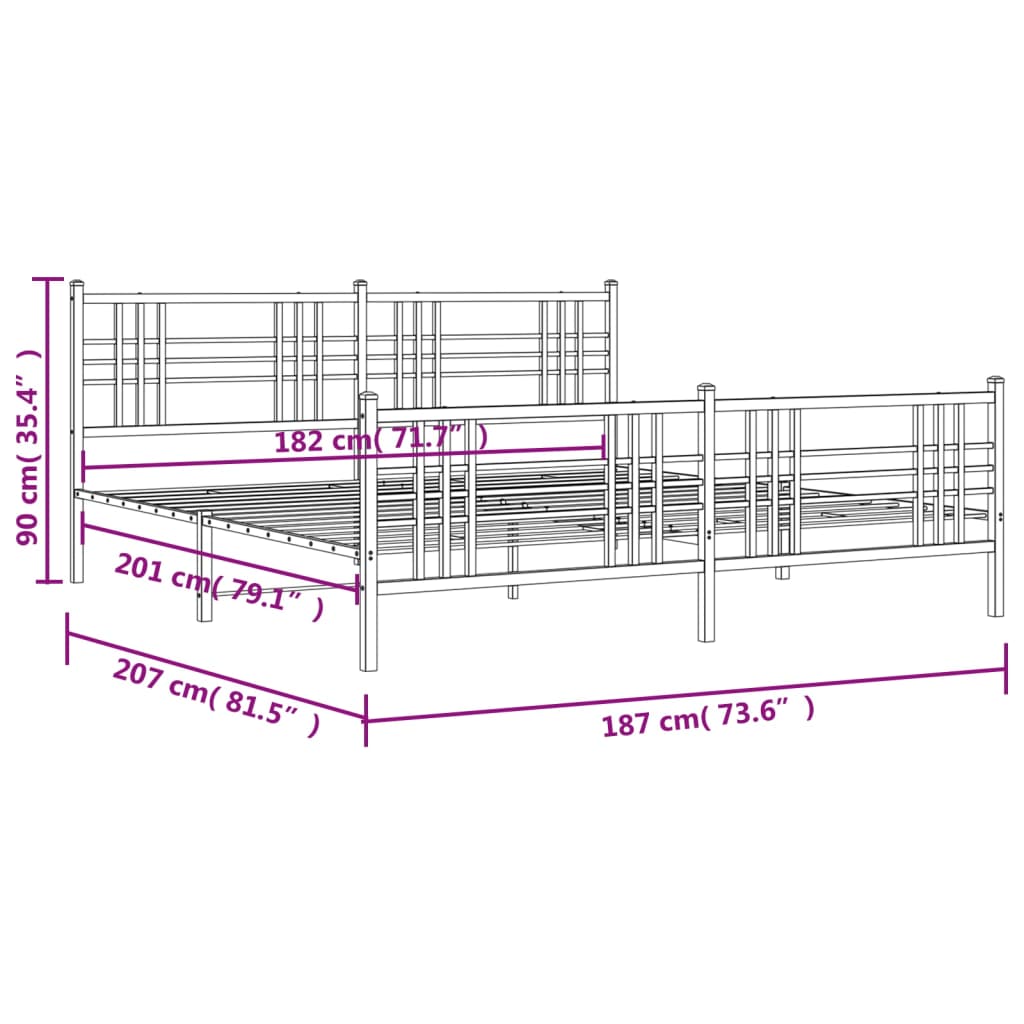 Metal Bed Frame with Headboard and Footboard Black 180x200 cm Super King