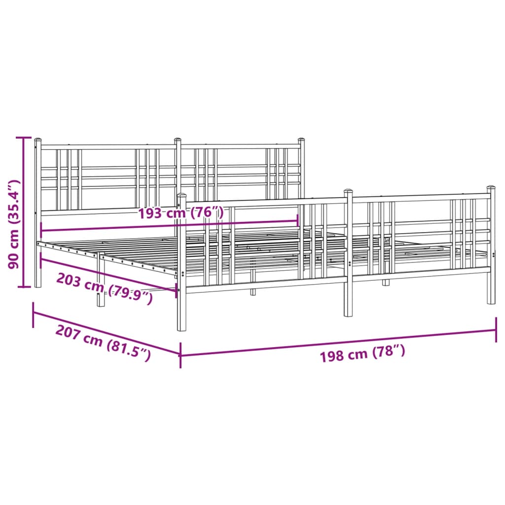 Metal Bed Frame with Headboard and Footboard Black 193x203 cm