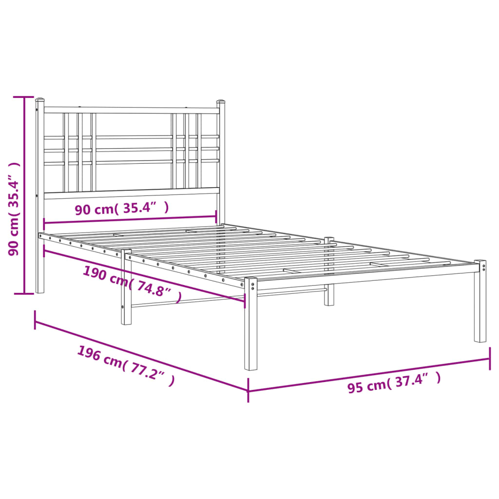 Metal Bed Frame with Headboard White 90x190 cm Single