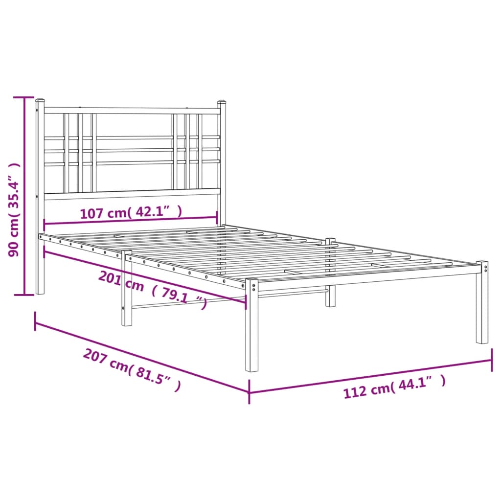 Metal Bed Frame with Headboard White 107x203 cm