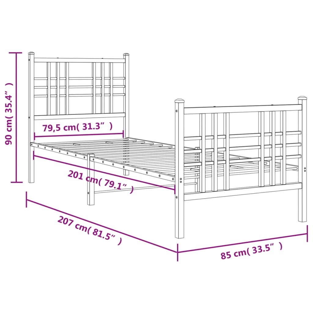 Metal Bed Frame with Headboard and Footboard White 80x200 cm