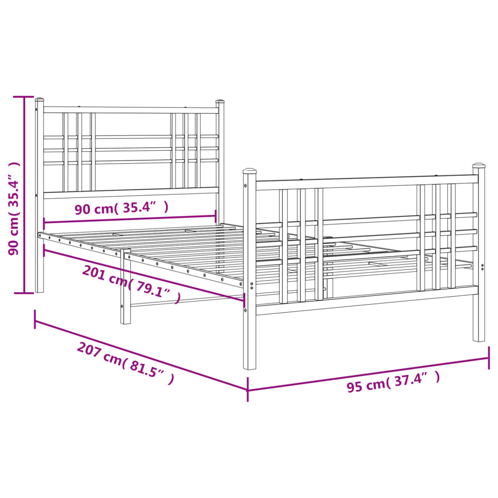 Metal Bed Frame with Headboard and Footboard White 90x200 cm