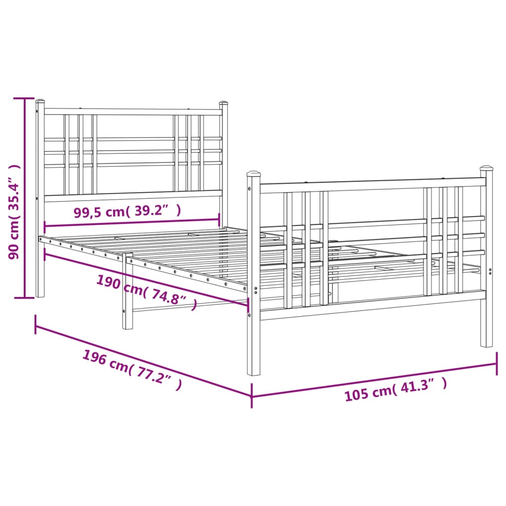 Metal Bed Frame with Headboard and Footboard White 100x190 cm