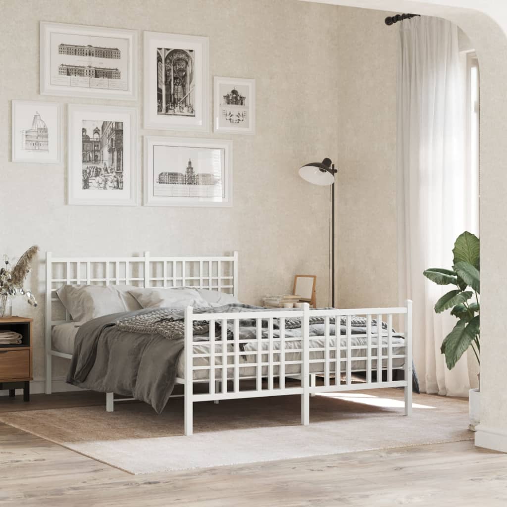 Metal Bed Frame with Headboard and Footboard White 137x190 cm