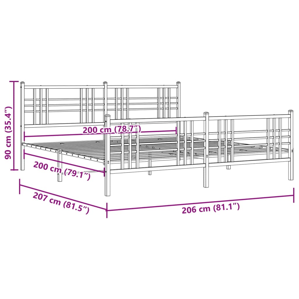 Metal Bed Frame with Headboard and Footboard White 200x200 cm