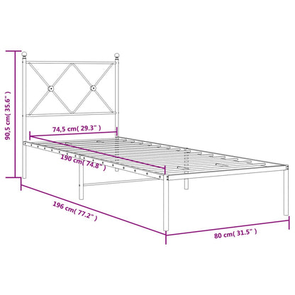 Metal Bed Frame with Headboard Black 75x190 cm Small Single