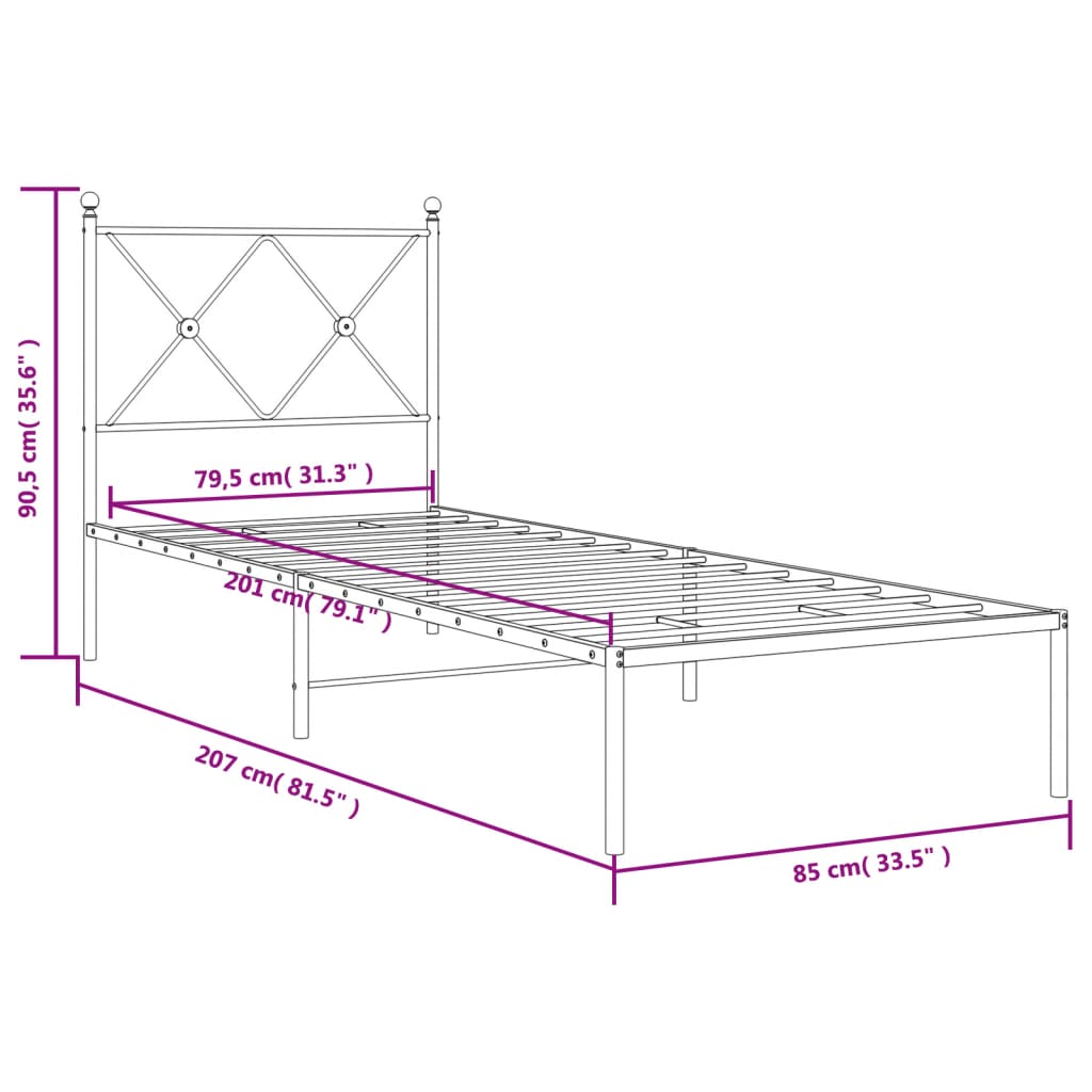 Metal Bed Frame with Headboard Black 80x200 cm