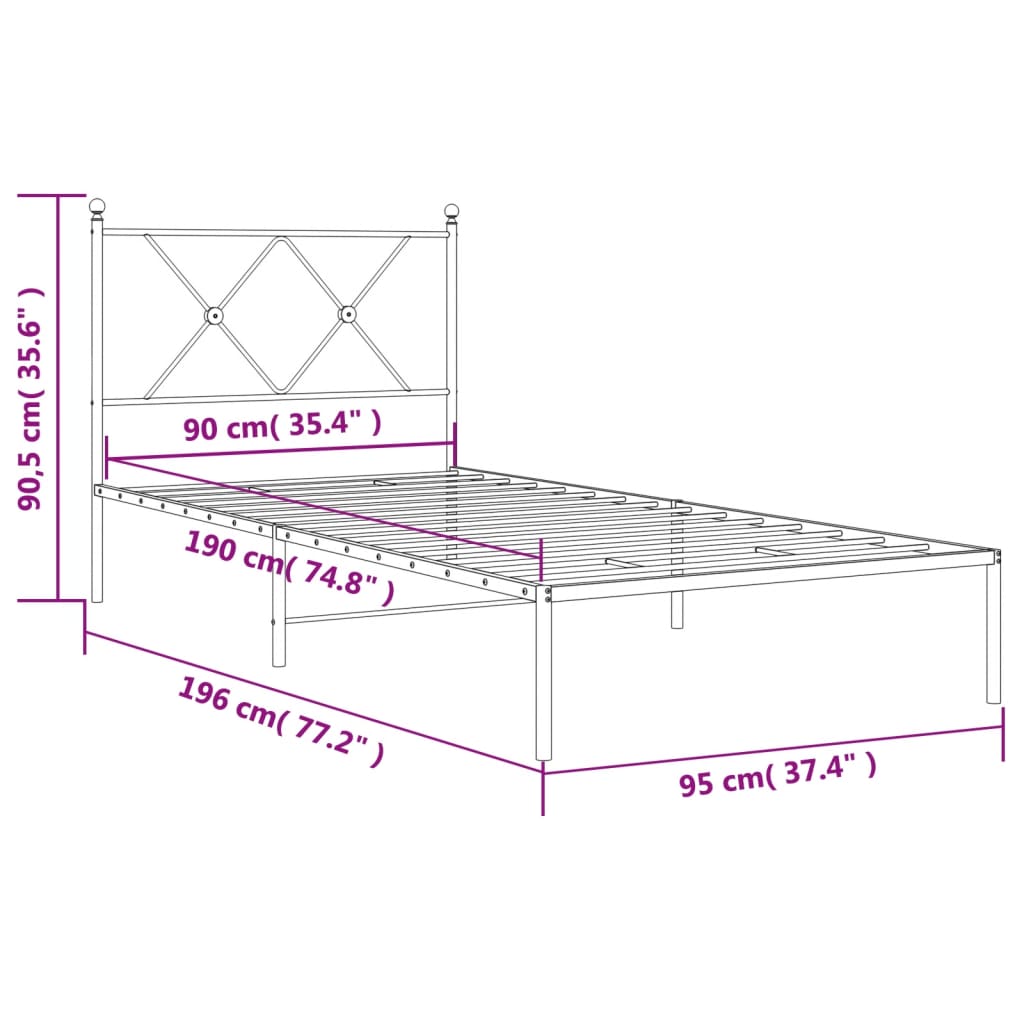 Metal Bed Frame with Headboard Black 90x190 cm Single