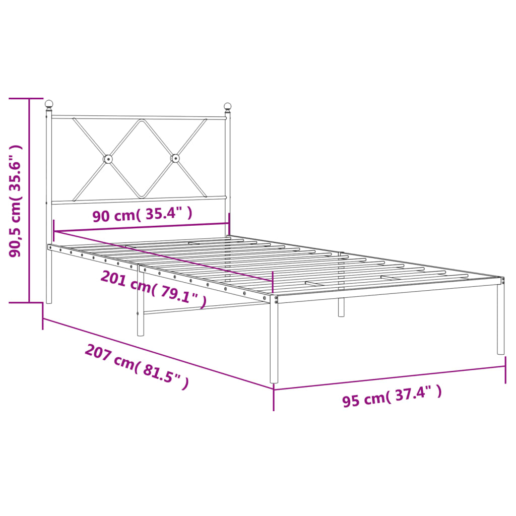 Metal Bed Frame with Headboard Black 90x200 cm