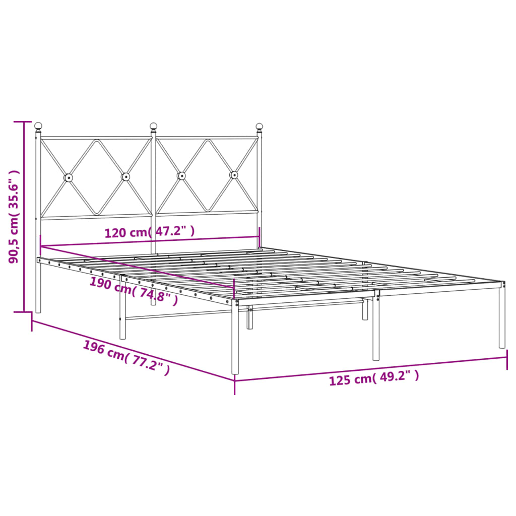 Metal Bed Frame with Headboard Black 120x190 cm Small Double