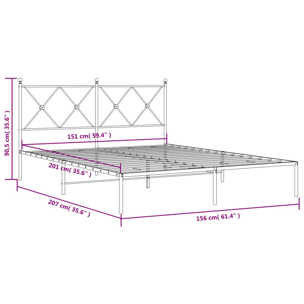 Metal Bed Frame with Headboard Black 150x200 cm King Size