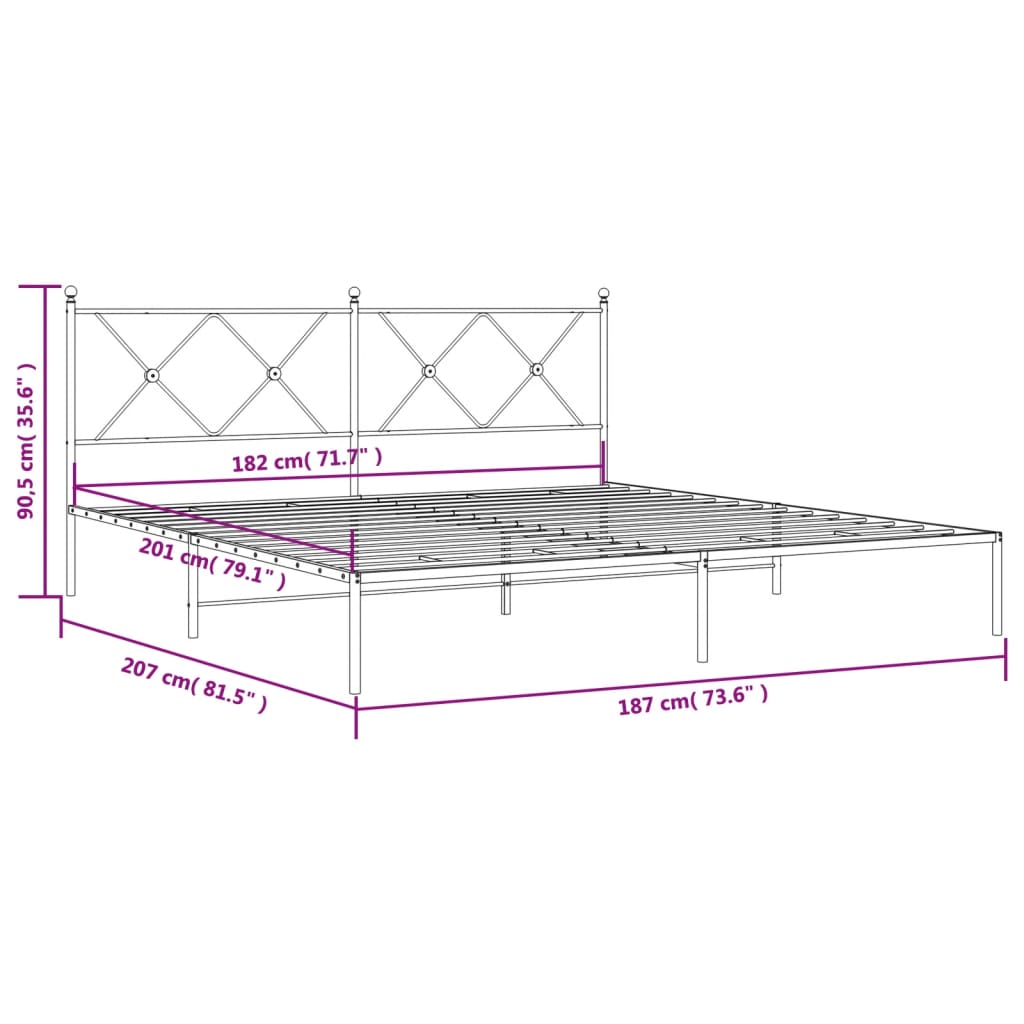 Metal Bed Frame with Headboard Black 180x200 cm Super King