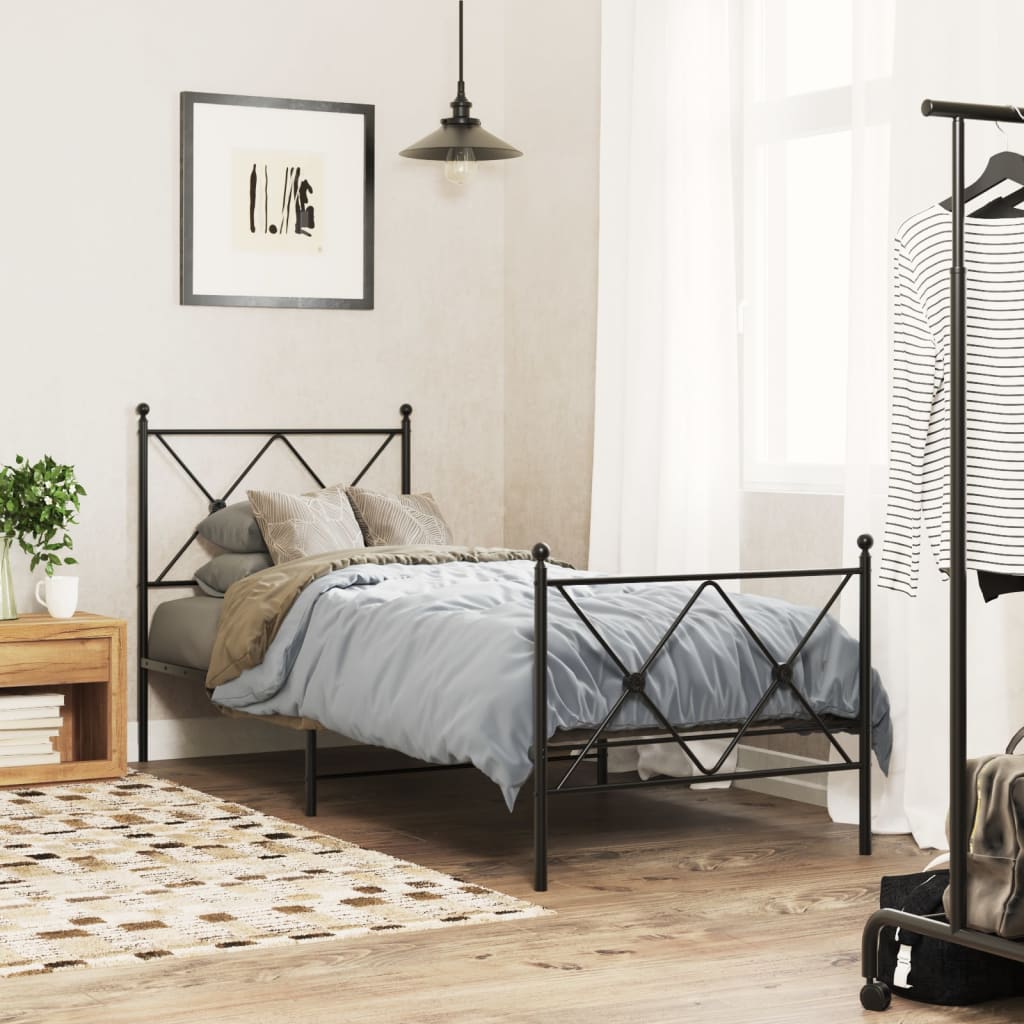 Metal Bed Frame with Headboard and Footboard Black 75x190 cm Small Single