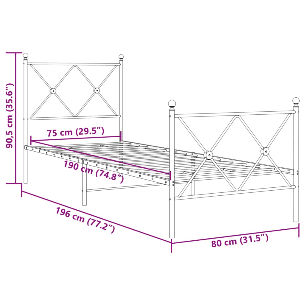 Metal Bed Frame with Headboard and Footboard Black 75x190 cm Small Single