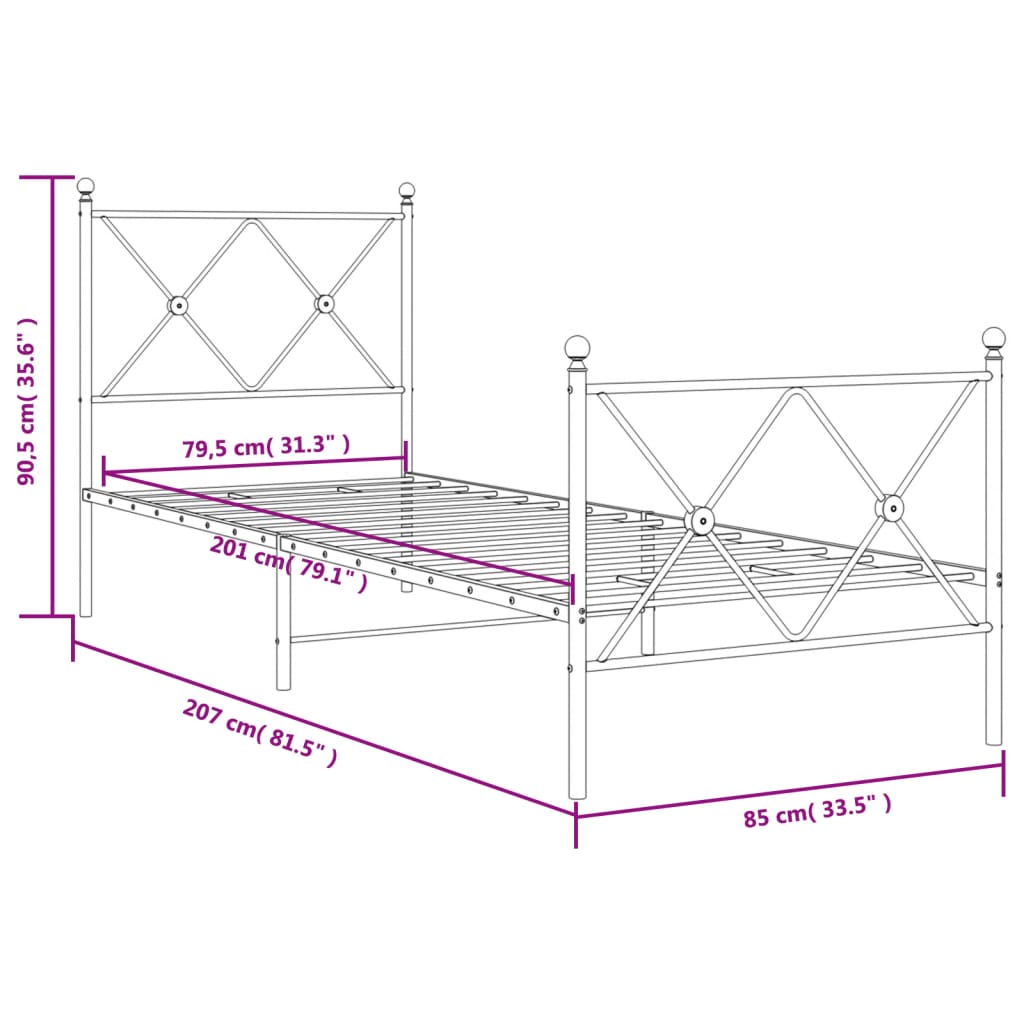 Metal Bed Frame with Headboard and Footboard Black 80x200 cm