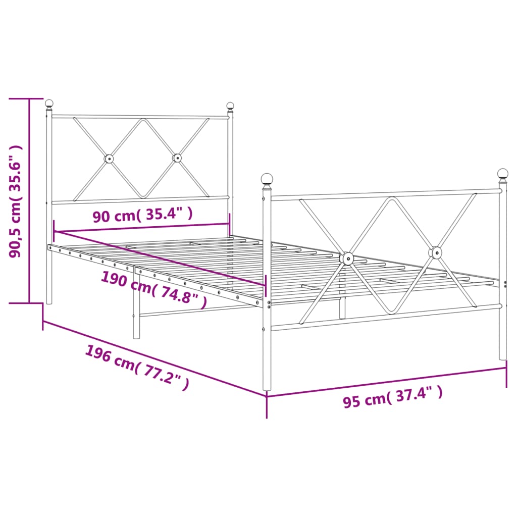 Metal Bed Frame with Headboard and Footboard Black 90x190 cm Single