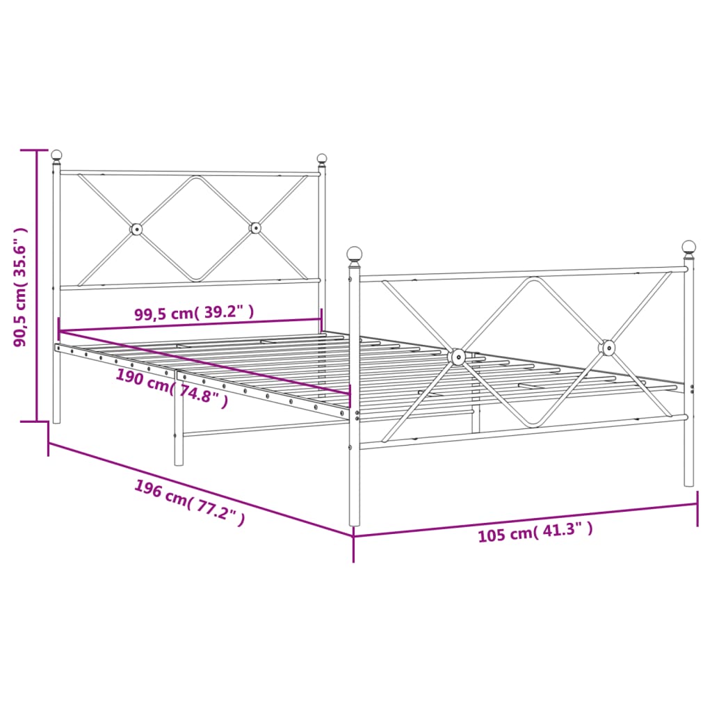 Metal Bed Frame without Mattress with Footboard Black 100x190cm